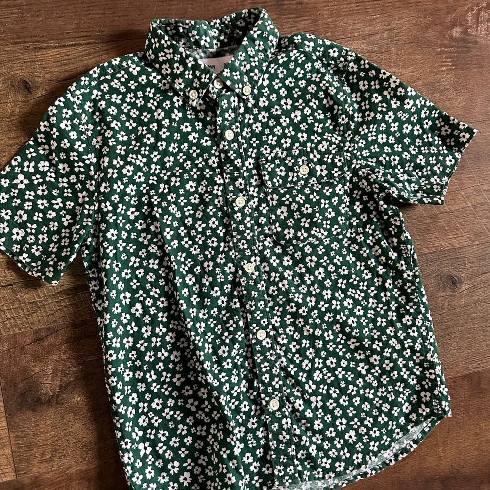 Boys Old Navy Button Down Shirt M Green White Floral Easter